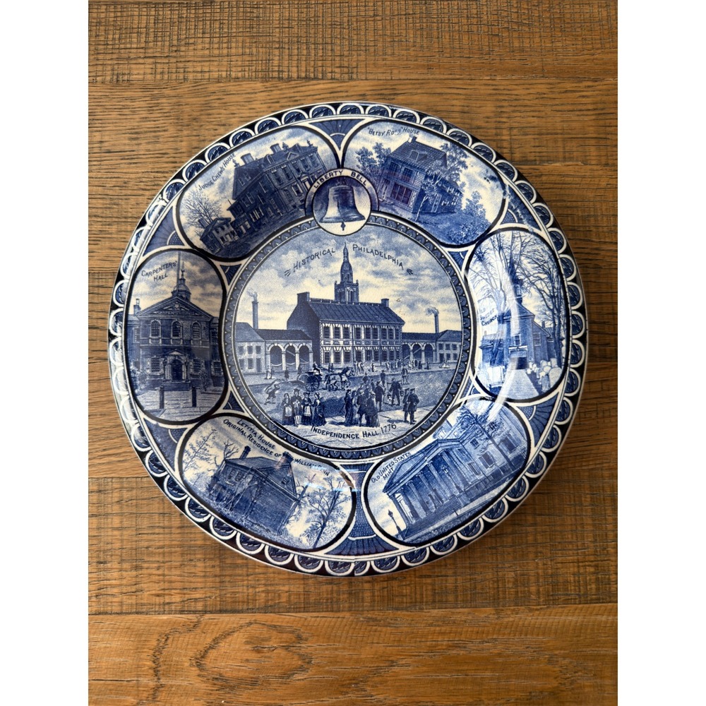 Royal Fenton Staffordshire Historical Philadelphia Blue Transferware Plate 10"